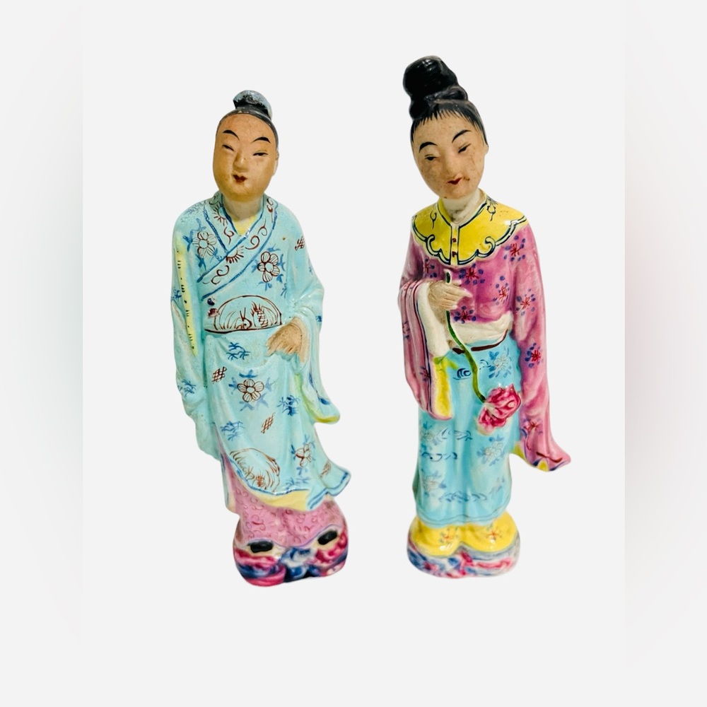 Antique Mudman Pair of Chinese Family of 2 Hand painted Porcelain Figures
